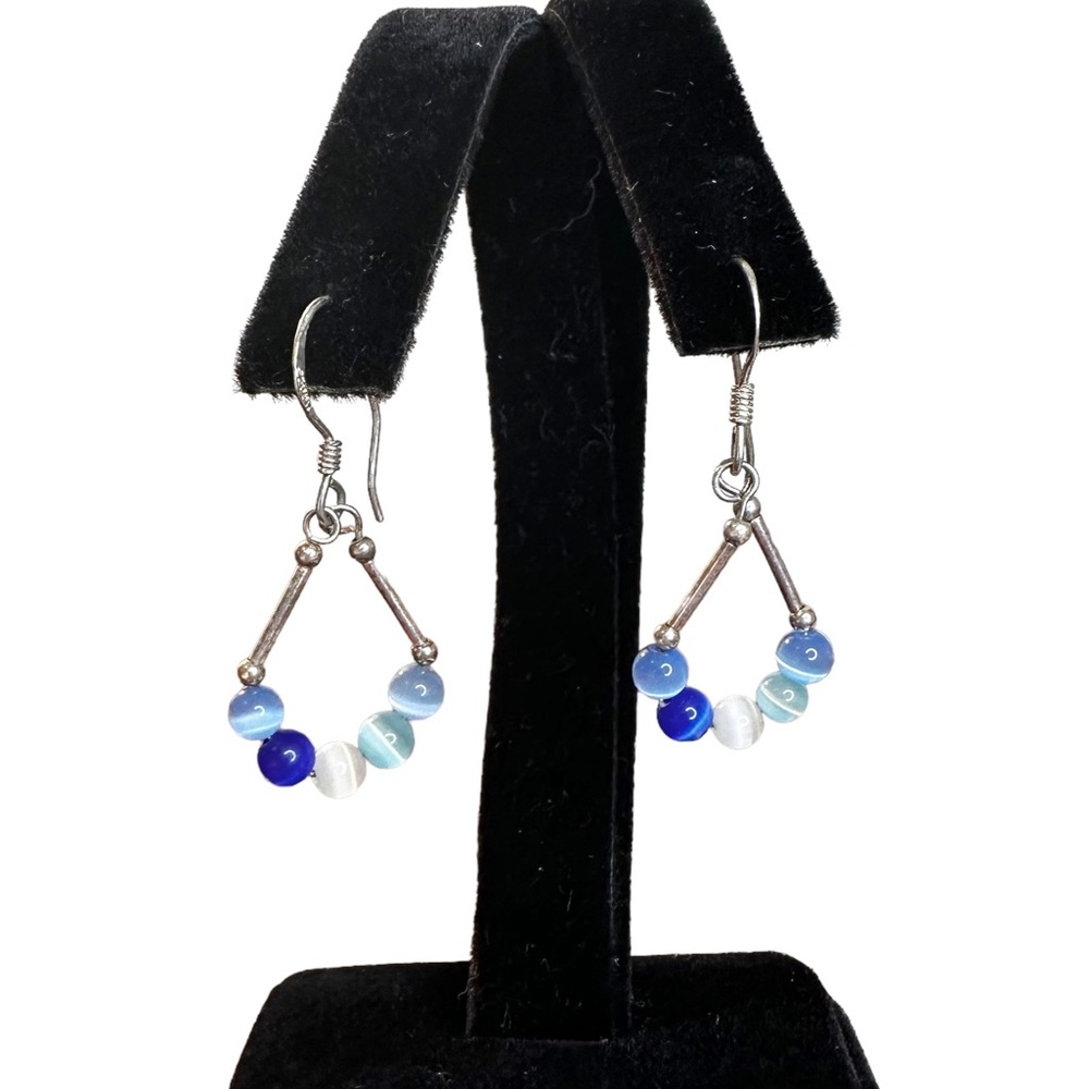 Vintage Sterling Silver Blue Cats Eye Beaded Dangle Earrings